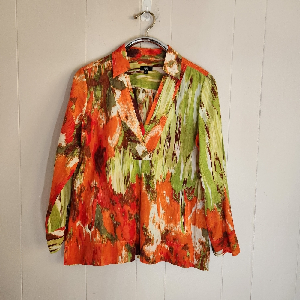 Talbots collared blouse tunic top silk blend kangaroo pocket orange green 16P